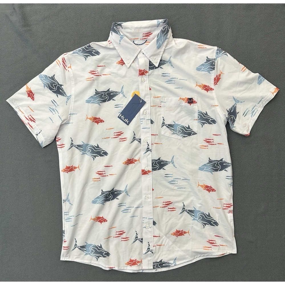 Huk Kona Printed Shirt Men's Medium Button-Up UPF 30+ Fish Print White